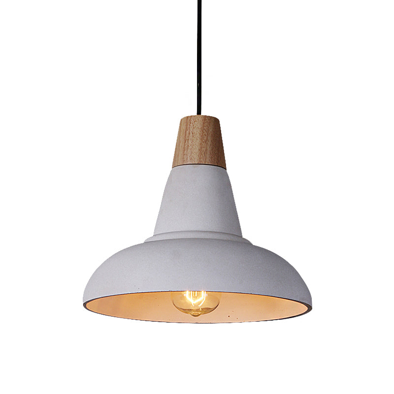 Industrial Style Ceiling Pendant - Cement & Wood Finish Grey/White Bowl Shade 1 Light Bedside