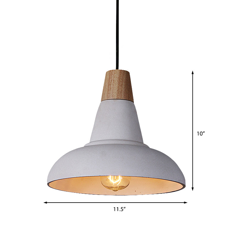 Industrial Style Ceiling Pendant - Cement & Wood Finish Grey/White Bowl Shade 1 Light Bedside