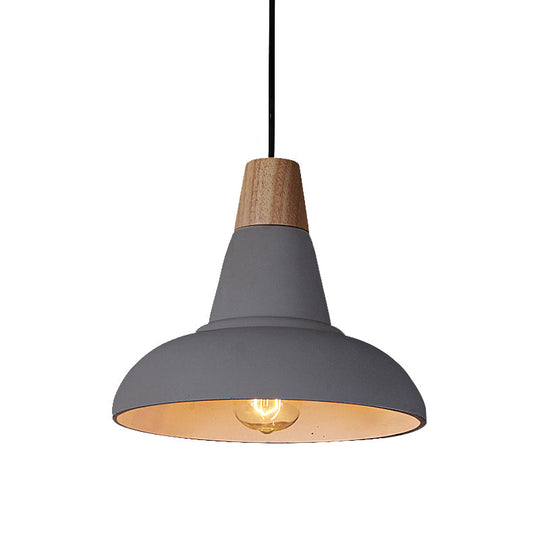 Industrial Style Ceiling Pendant - Cement & Wood Finish Grey/White Bowl Shade 1 Light Bedside