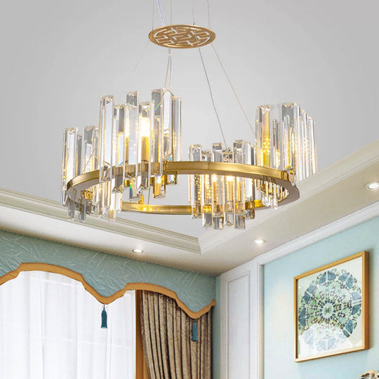 Modern Gold Crystal Annular Chandelier With Cubic Shade - 4/6 Bulbs Ceiling Lamp