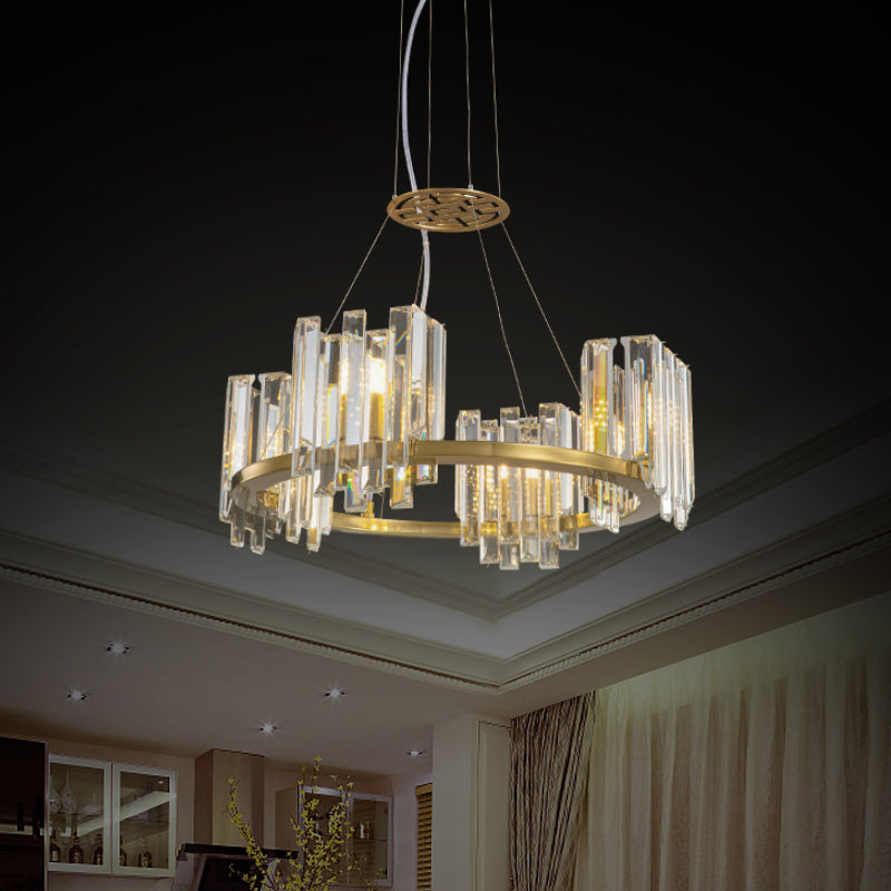 Modern Gold Crystal Annular Chandelier With Cubic Shade - 4/6 Bulbs Ceiling Lamp