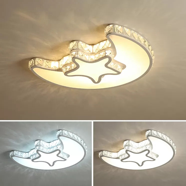 Childrens White Sky View Acrylic Flush Ceiling Light With Crystal Accent For Foyer / Moon