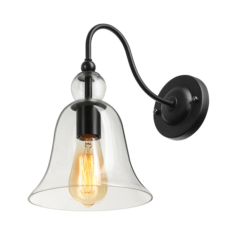 Industrial Clear/Green/Smoked Glass Wall Sconce With Gooseneck Arm - 1-Light Black Bell Bedroom Lamp