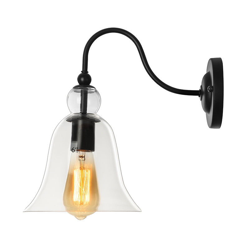 Industrial Clear/Green/Smoked Glass Wall Sconce With Gooseneck Arm - 1-Light Black Bell Bedroom Lamp