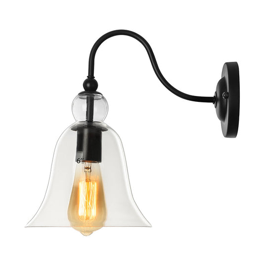 Industrial Clear/Green/Smoked Glass Wall Sconce With Gooseneck Arm - 1-Light Black Bell Bedroom Lamp