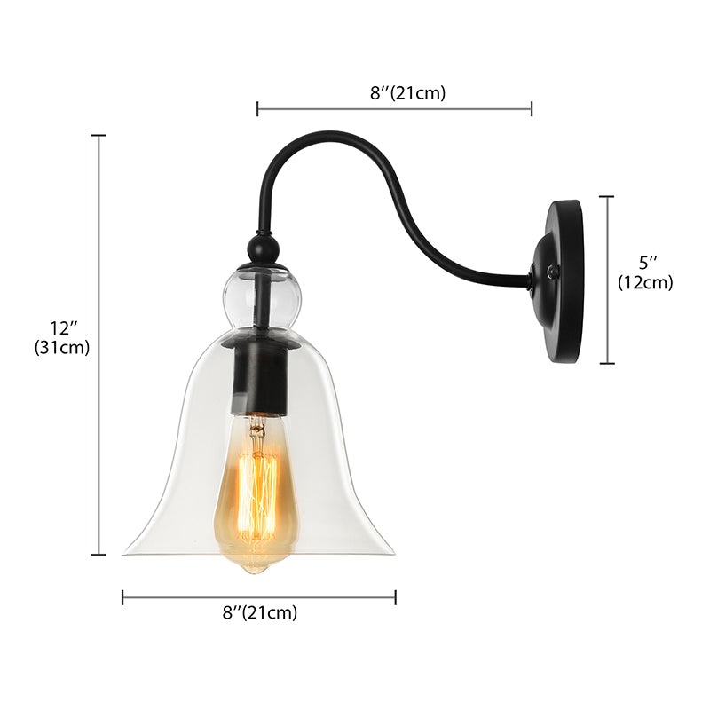 Industrial Clear/Green/Smoked Glass Wall Sconce With Gooseneck Arm - 1-Light Black Bell Bedroom Lamp