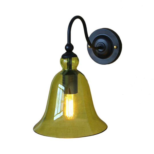 Industrial Clear/Green/Smoked Glass Wall Sconce With Gooseneck Arm - 1-Light Black Bell Bedroom Lamp