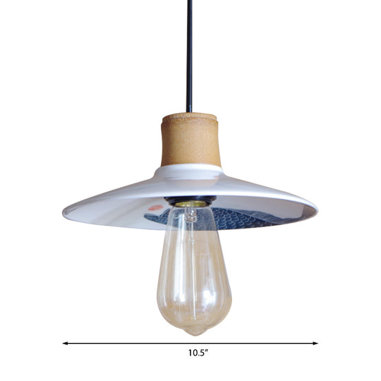 Contemporary White Pendant Lamp Saucer Ceramic And Wood 1-Light 8.5/10.5 W Fish Pattern