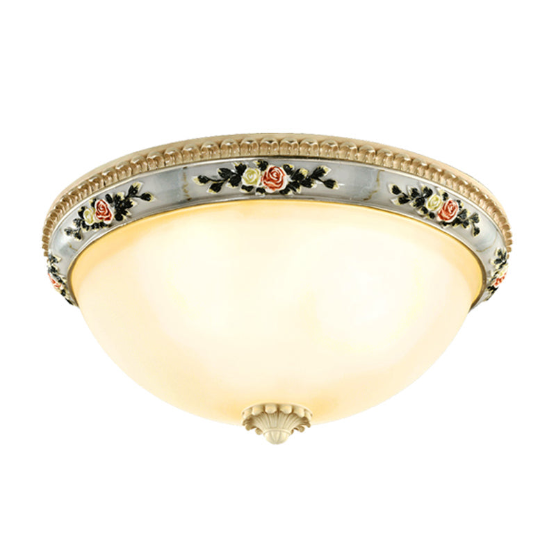 Countryside Opal Glass Grey Flush Mount Dome Ceiling Light Fixture with Floral Trim Decor - 2/3 Heads, 14"/16"/18" Wide