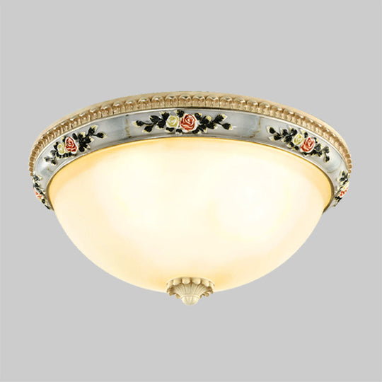 Countryside Opal Glass Grey Flush Mount Dome Ceiling Light Fixture with Floral Trim Decor - 2/3 Heads, 14"/16"/18" Wide