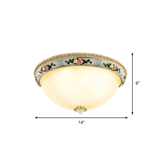 Countryside Opal Glass Grey Flush Mount Dome Ceiling Light Fixture with Floral Trim Decor - 2/3 Heads, 14"/16"/18" Wide