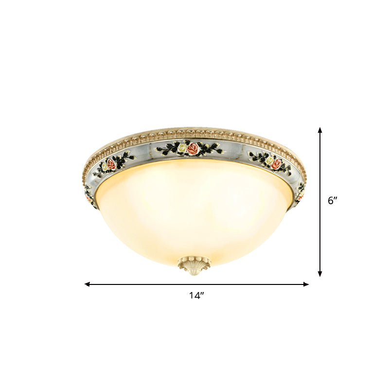 Countryside Opal Glass Grey Flush Mount Dome Ceiling Light Fixture With Floral Trim Decor - 2/3