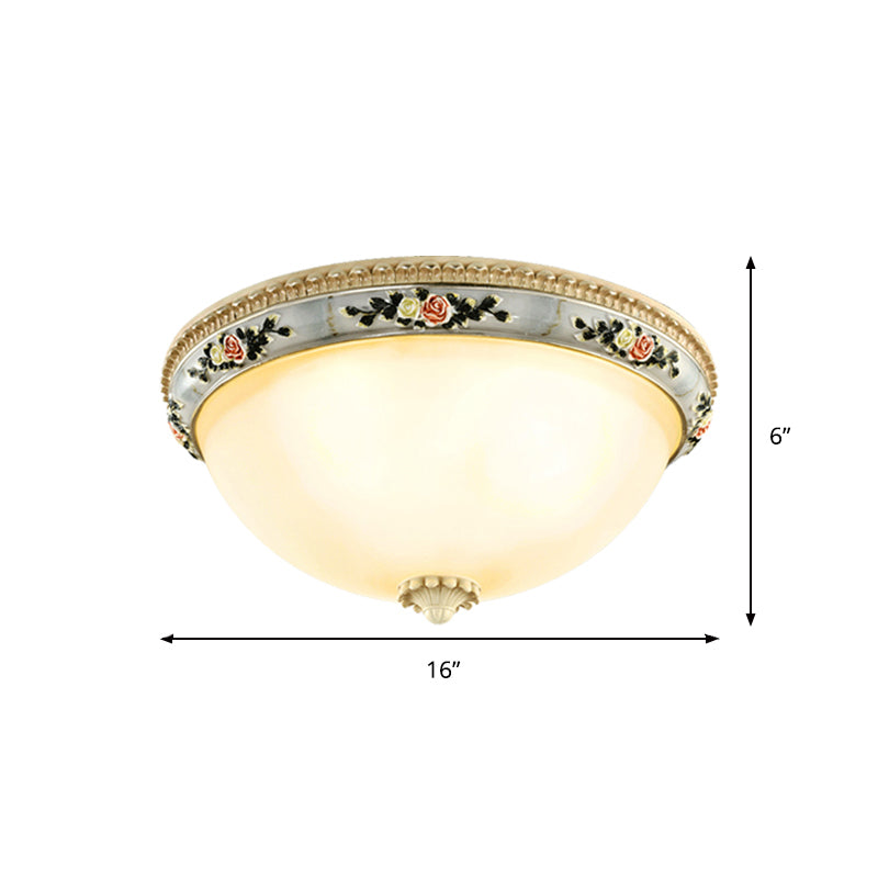 Countryside Opal Glass Grey Flush Mount Dome Ceiling Light Fixture with Floral Trim Decor - 2/3 Heads, 14"/16"/18" Wide