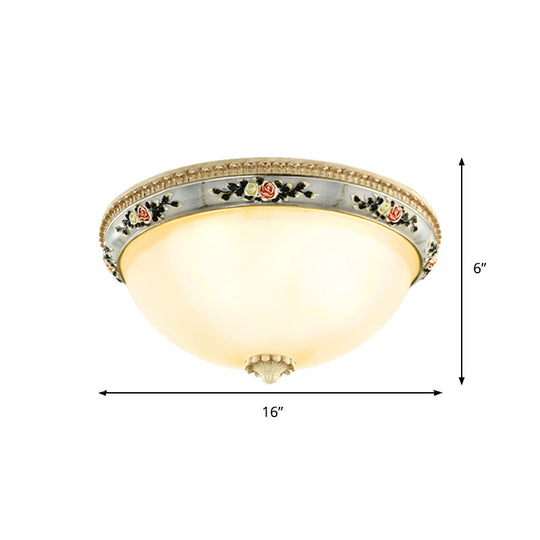 Countryside Opal Glass Grey Flush Mount Dome Ceiling Light Fixture with Floral Trim Decor - 2/3 Heads, 14"/16"/18" Wide