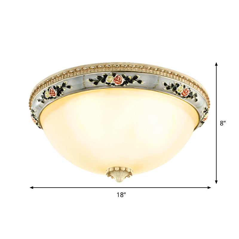 Countryside Opal Glass Grey Flush Mount Dome Ceiling Light Fixture with Floral Trim Decor - 2/3 Heads, 14"/16"/18" Wide