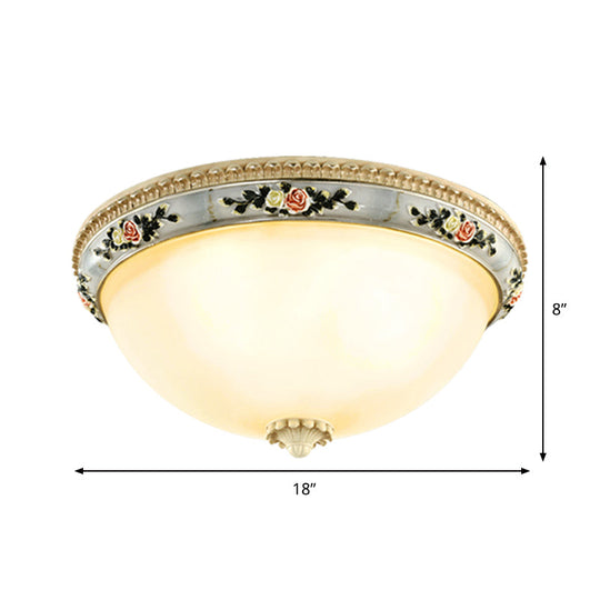 Countryside Opal Glass Grey Flush Mount Dome Ceiling Light Fixture with Floral Trim Decor - 2/3 Heads, 14"/16"/18" Wide