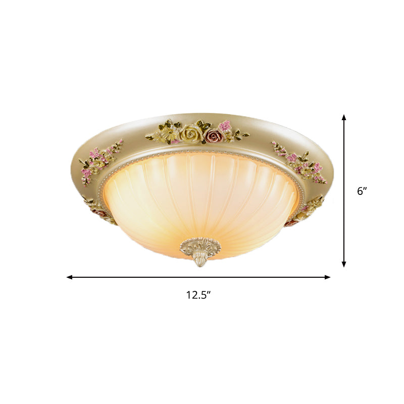 Beige Fluted Glass Flush Light Farmhouse Ceiling Lighting 2/3-Head 12.5/14.5/19 Width