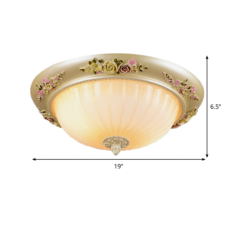 Beige Fluted Glass Flush Light Farmhouse Ceiling Lighting 2/3-Head 12.5/14.5/19 Width