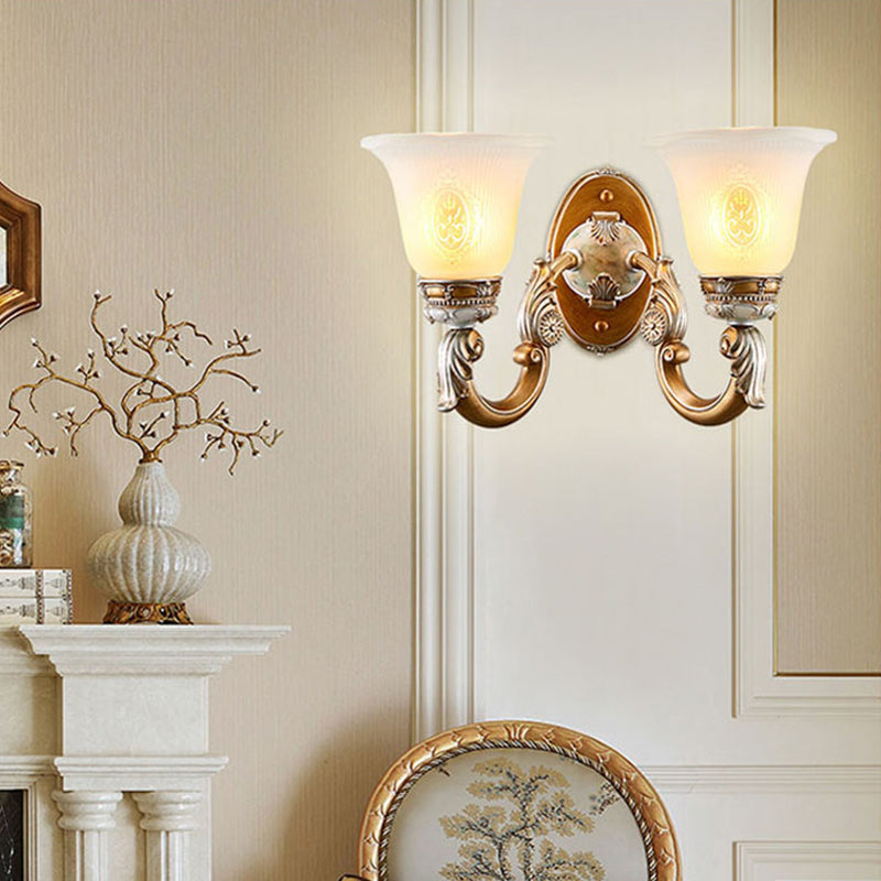 Traditional Bell Shape Fluted Opal Glass Wall Sconce Half-Head Lighting In Brown 2 /