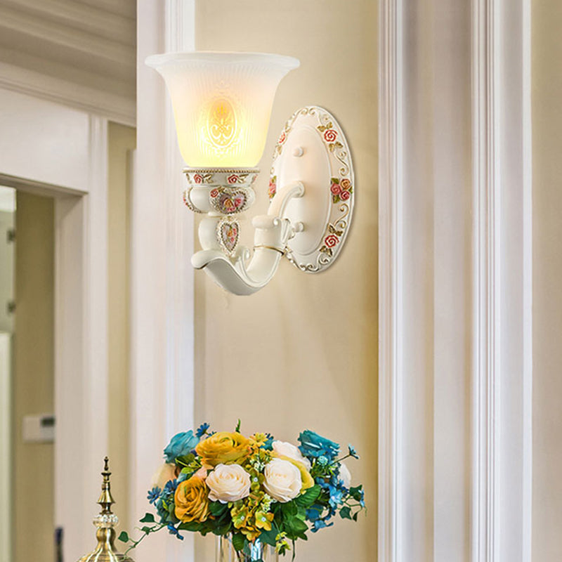 Milky Glass Ribbed Conical Living Room Sconce Light: White Floral Wall Fixture With Countryside