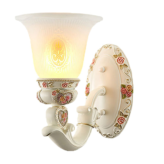 Milky Glass Ribbed Conical Living Room Sconce Light: White Floral Wall Fixture With Countryside