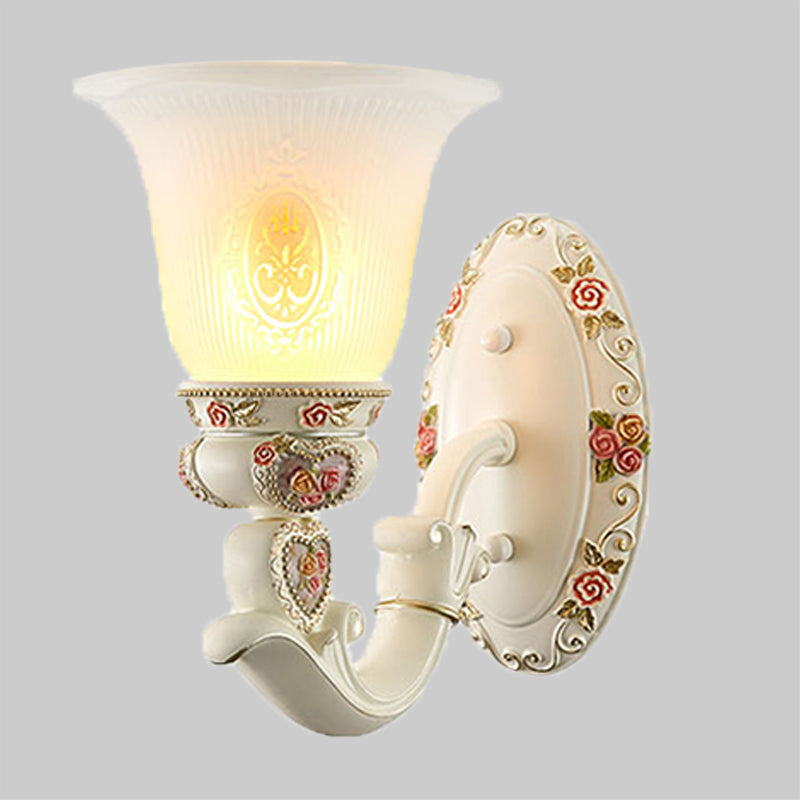 Milky Glass Ribbed Conical Living Room Sconce Light: White Floral Wall Fixture With Countryside