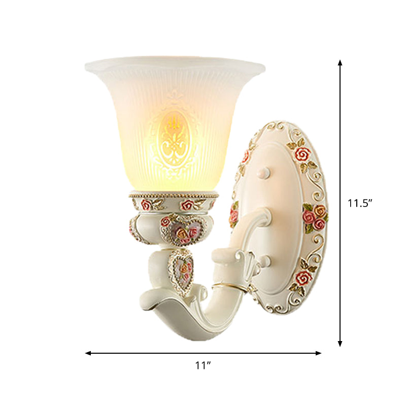 Milky Glass Ribbed Conical Living Room Sconce Light: White Floral Wall Fixture With Countryside