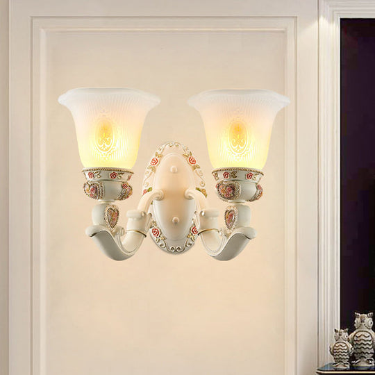 Milky Glass Ribbed Conical Living Room Sconce Light: White Floral Wall Fixture With Countryside