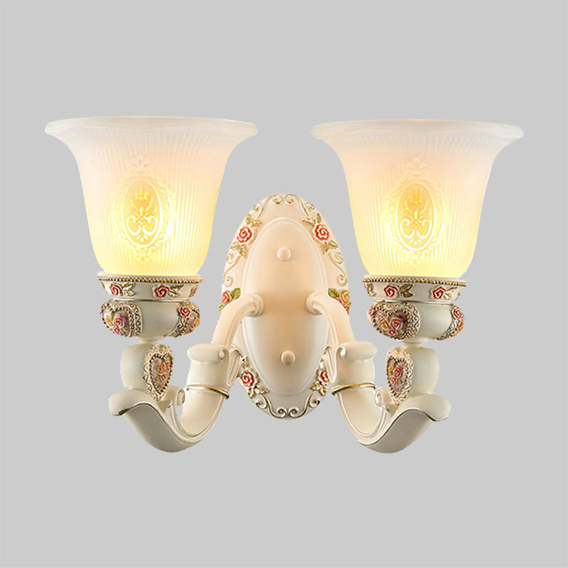 Milky Glass Ribbed Conical Living Room Sconce Light: White Floral Wall Fixture With Countryside