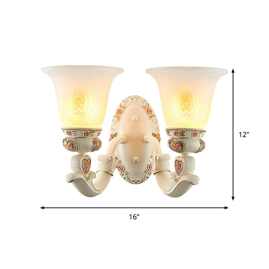 Milky Glass Ribbed Conical Living Room Sconce Light: White Floral Wall Fixture With Countryside