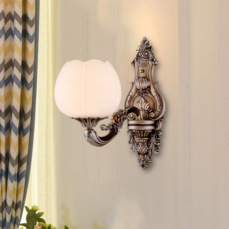 Frosted Glass Bloom Wall Light Vintage Sconce For Living Room With Curved Arm In Coffee 1 /