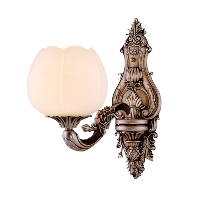 Frosted Glass Bloom Wall Light Vintage Sconce For Living Room With Curved Arm In Coffee