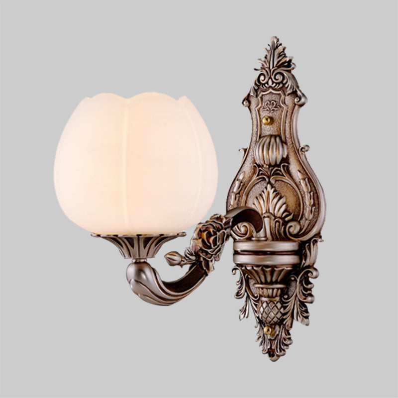 Frosted Glass Bloom Wall Light Vintage Sconce For Living Room With Curved Arm In Coffee