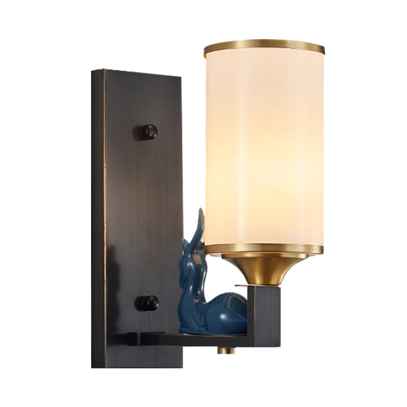 Opal Glass Wall Sconce With Antiqued Column And Rectangular Backplate In White