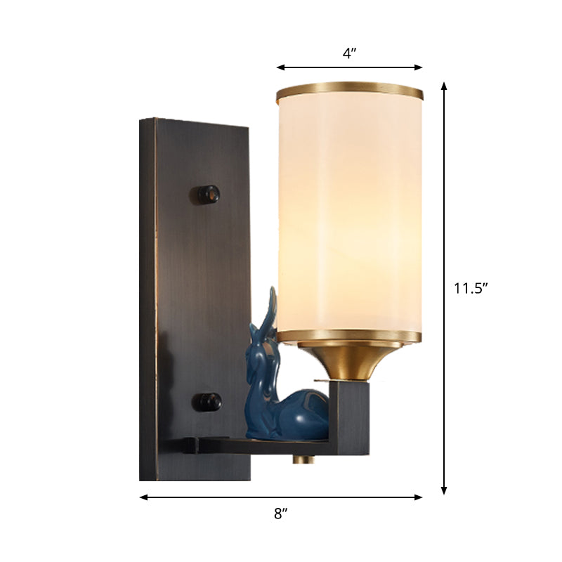 Opal Glass Wall Sconce With Antiqued Column And Rectangular Backplate In White