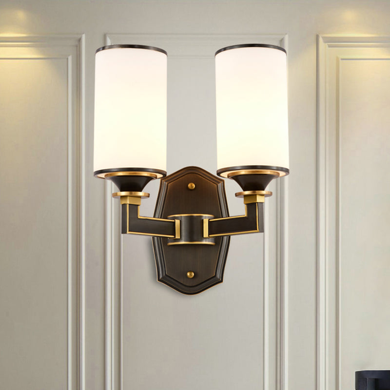 Milk Glass Wall Sconce Countryside 1/2-Light Corridor Fixture - Black/Gold Right Angle Arm 2 /