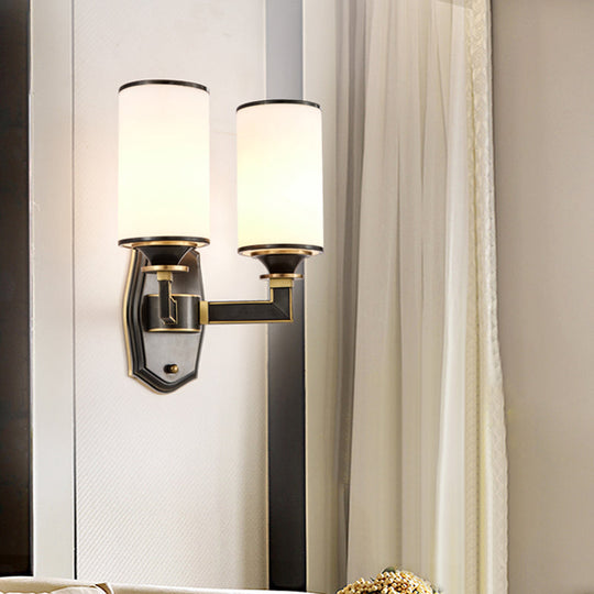 Milk Glass Wall Sconce Countryside 1/2-Light Corridor Fixture - Black/Gold Right Angle Arm