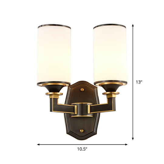 Milk Glass Wall Sconce Countryside 1/2-Light Corridor Fixture - Black/Gold Right Angle Arm