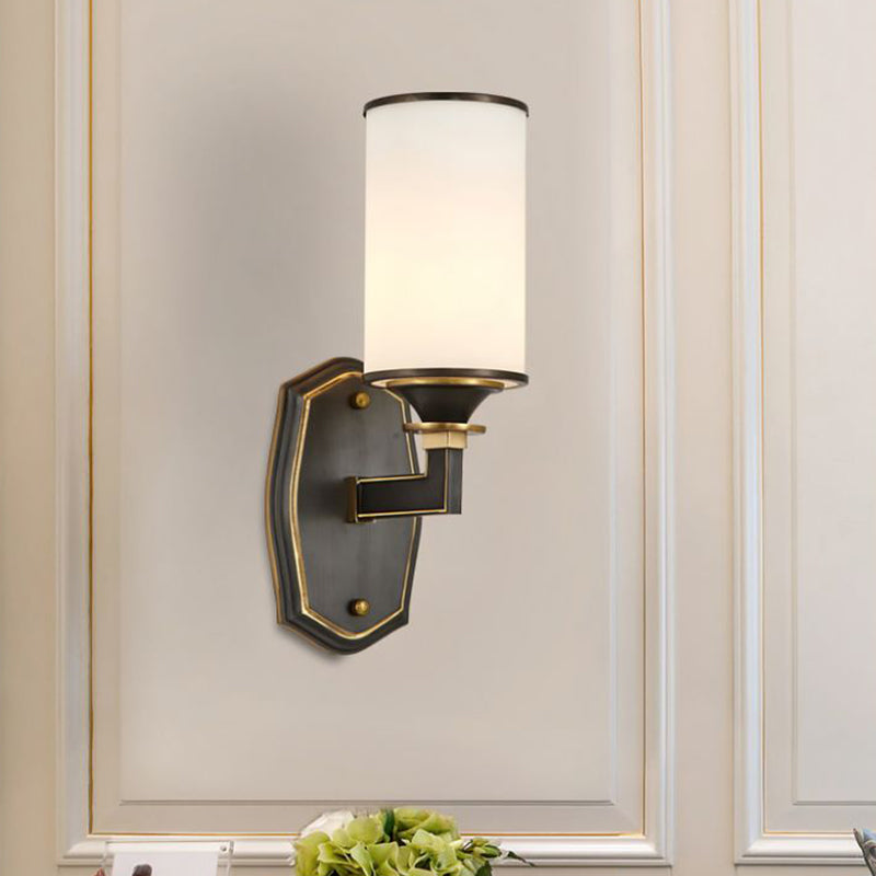 Milk Glass Wall Sconce Countryside 1/2-Light Corridor Fixture - Black/Gold Right Angle Arm