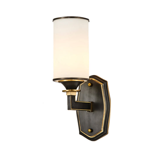 Milk Glass Wall Sconce Countryside 1/2-Light Corridor Fixture - Black/Gold Right Angle Arm