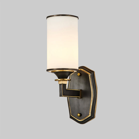 Milk Glass Wall Sconce Countryside 1/2-Light Corridor Fixture - Black/Gold Right Angle Arm