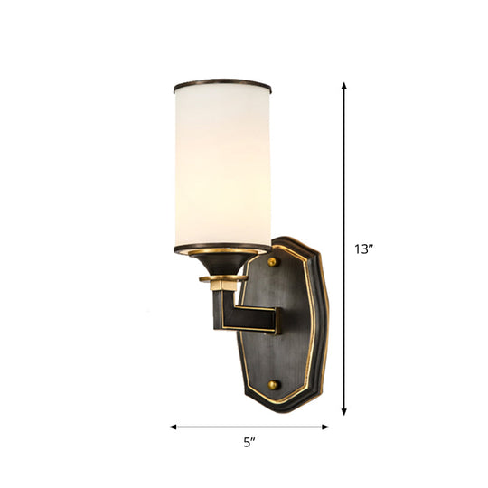 Milk Glass Wall Sconce Countryside 1/2-Light Corridor Fixture - Black/Gold Right Angle Arm