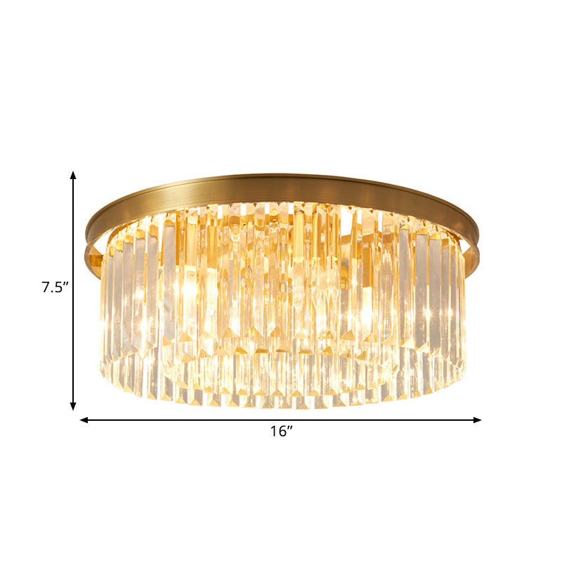 Gold Round Bedroom Flush Mount Lamp 4/5 Clear Crystal Prisms 16/19.5 Wide