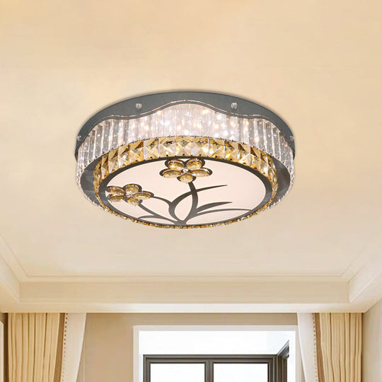 Modern LED Drum Ceiling Lamp with Chrome Finish & Rectangular-Cut Crystals for Bedchamber Lighting