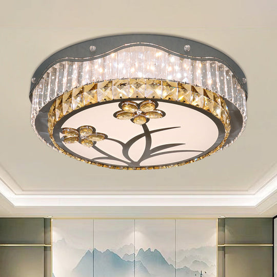 Modern LED Drum Ceiling Lamp with Chrome Finish & Rectangular-Cut Crystals for Bedchamber Lighting