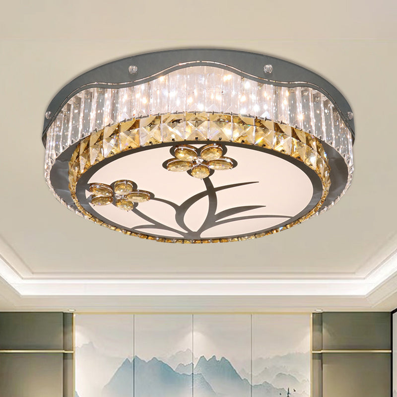 Modern Led Drum Ceiling Lamp With Chrome Finish & Rectangular-Cut Crystals For Bedchamber Lighting