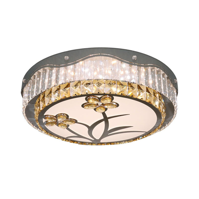 Modern LED Drum Ceiling Lamp with Chrome Finish & Rectangular-Cut Crystals for Bedchamber Lighting