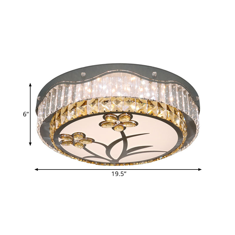 Modern LED Drum Ceiling Lamp with Chrome Finish & Rectangular-Cut Crystals for Bedchamber Lighting