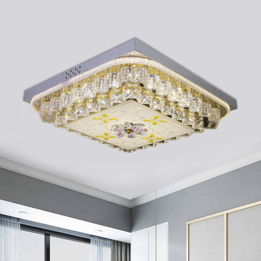 Modern Chrome Square Ceiling Light Fixture With Clear Crystal Blocks And Led Ideal For Bedrooms