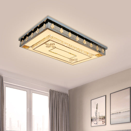 Modern Rectangular Ceiling Fixture with Clear Crystal Blocks – LED Flush Mount Lamp in Stainless Steel